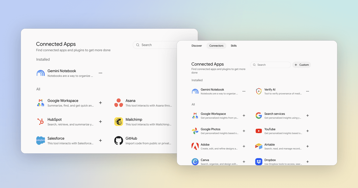 Two Gemini Connected Apps pages: one for a work account and one for a personal account