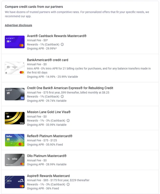 Experian Credit Cards screenshot