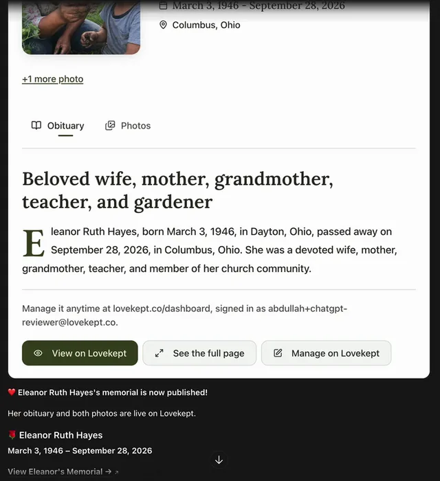 Lovekept Obituaries screenshot