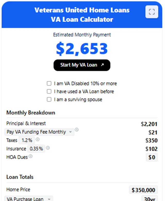 VUHL VA Loan Calculator screenshot