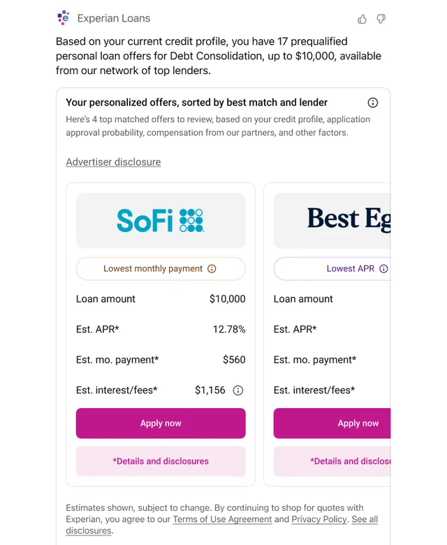 Experian Loans screenshot