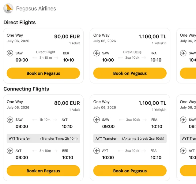 Pegasus Airlines screenshot