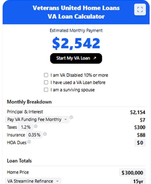 VUHL VA Loan Calculator screenshot