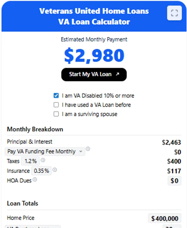 VUHL VA Loan Calculator screenshot